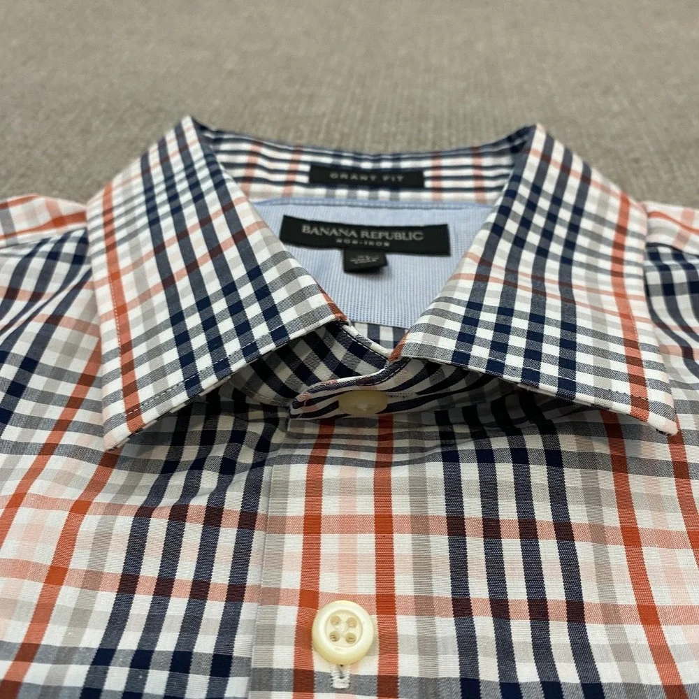 Banana Republic Shirt Mens XL Orange Blue Plaid Grant Slim Fit Non Iron